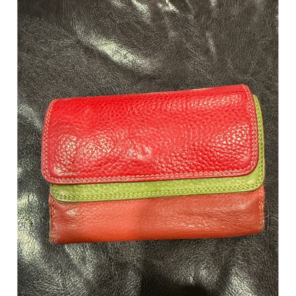 Multicolor Pebbled Leather Trifold Wallet‎ Red Green Blue Window Organzier